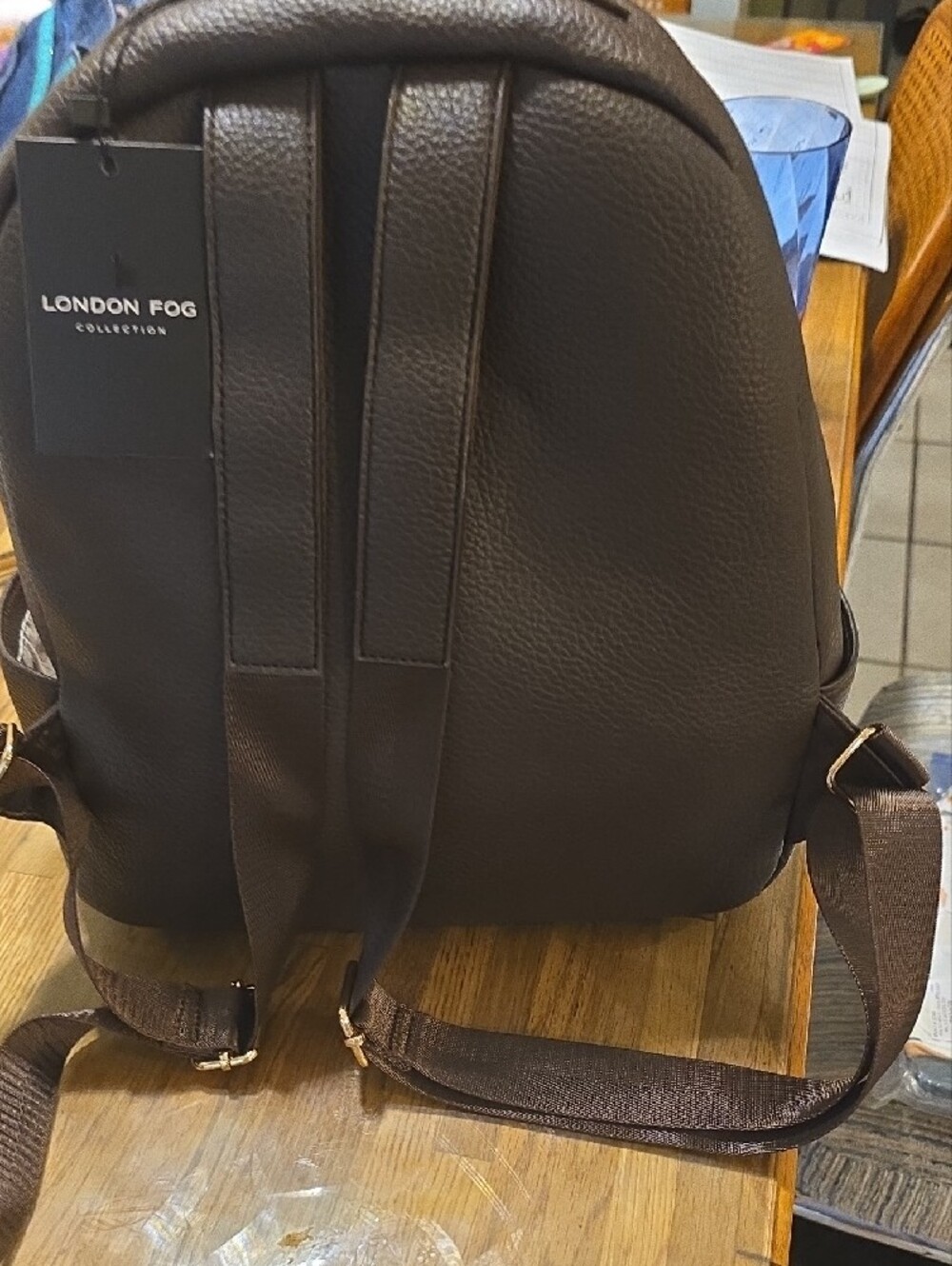 London Fog Dark Brown Faux Leather Backpack with Gold Hardware - Picture 5 of 10